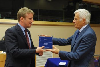 James Clive-Matthews being awarded the 2010 European Parliament Prize for Journalism