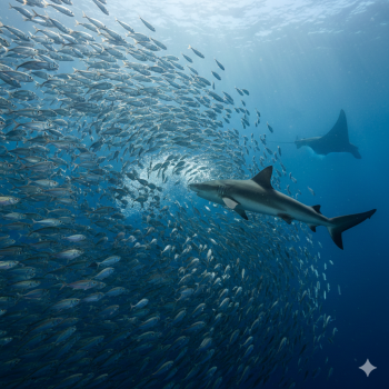 An AI-generated image of a school of fish being attacked by a shark - an attempt at a visual metaphor
